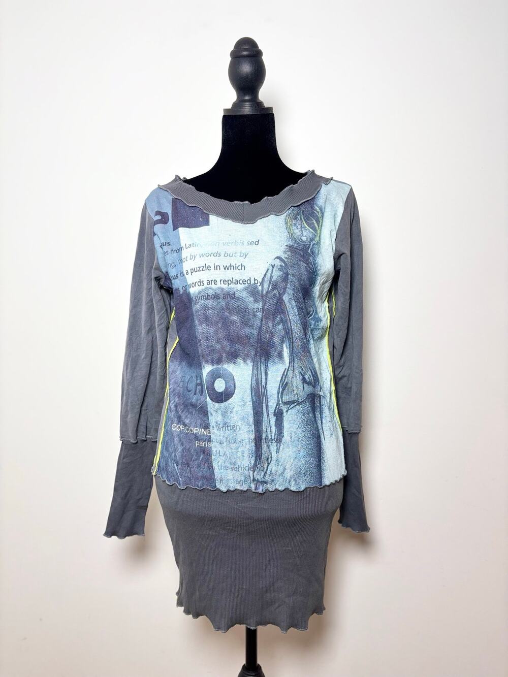 Cop Copine Grey Ribbed Knit Hem Blue Graphic Green Contrast Detail Sweater Dress